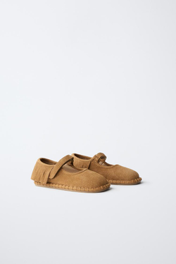 ZARA БАЛЕТКИ BAREFOOT ИЗ КОЖИ С БАХРОМОЙ, КОРИЧНЕВЫЙ