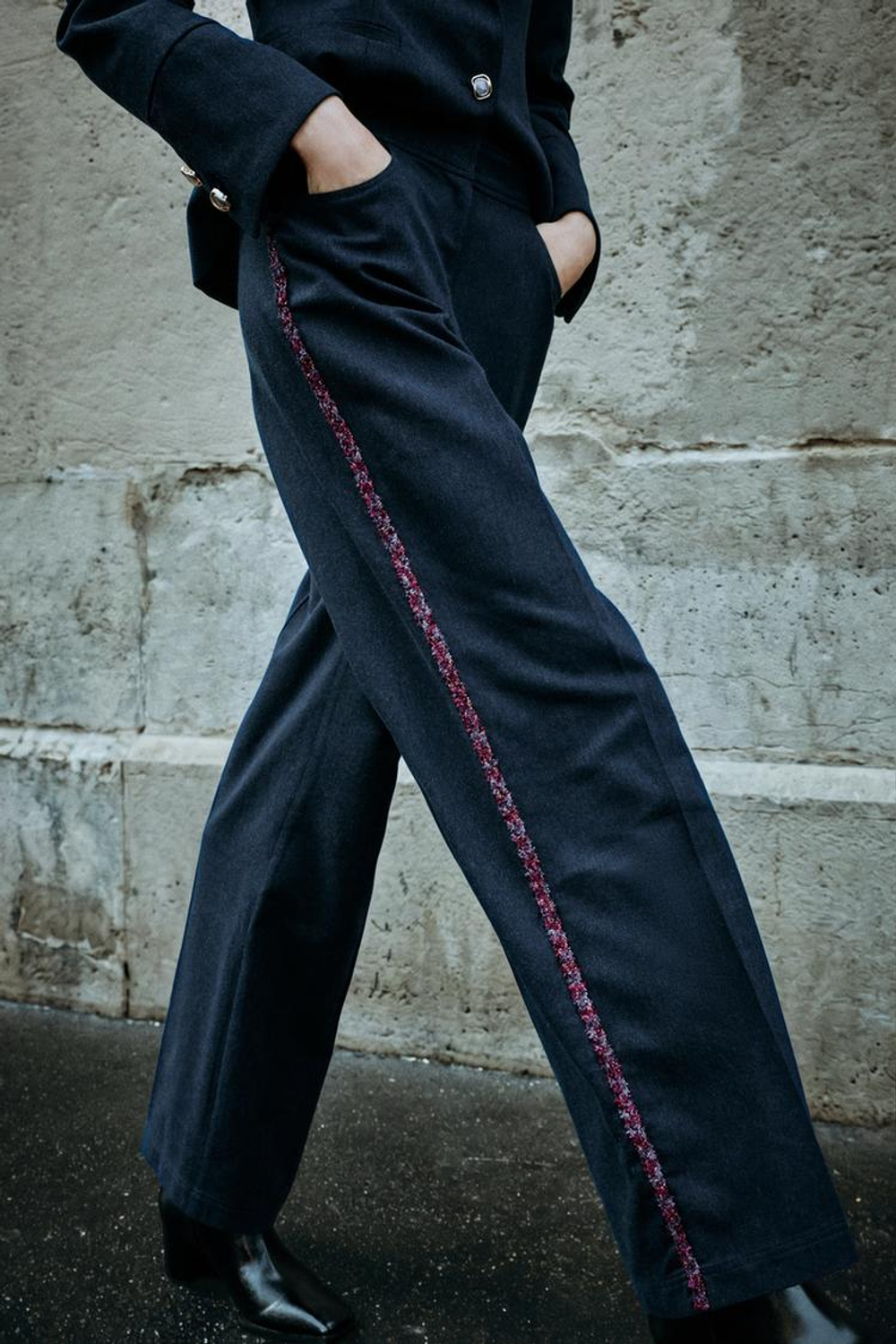 ZARA БРЮКИ ПРЯМОГО КРОЯ С ТЕСЬМОЙ, СИНИЙ