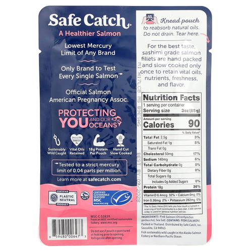 Safe Catch, дикий тихоокеанский розовый лосось, без кожи и костей, 85 г (3 унции)
