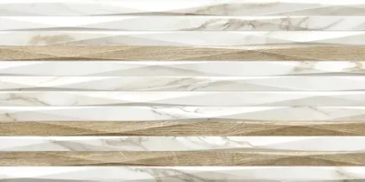 Настенная плитка Alma Ceramica TWU2550EPH14 Euphoria 24.9x50 белая / бежевая глянцевая / рельефная под мрамор / под дерево / полосы