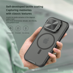Чехол прозрачный тонированный (Transparent Black) от Nillkin с металлической крышкой и MagSafe на iPhone 16 Pro, серия CamShield Prop Magnetic Case