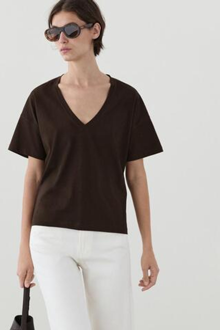 Massimo Dutti Свободная укороченная футболка с V-образным вырезом, коричневый