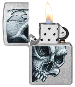 Зажигалка ZIPPO Skull and Flame с покрытием Street Chrome, латунь/сталь, серебристая, матовая, 38x13