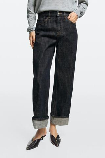 Massimo Dutti Джинсы Barrel с высокой посадкой и отворотами, темно-синий