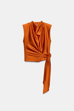 ZARA АТЛАСНЫЙ ТОП С ПОДПЛЕЧНИКАМИ И УЗЛОМ, ЦВЕТ ЖЖЕНОГО АПЕЛЬСИНА