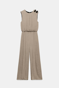 ZARA АТЛАСНЫЙ КОМБИНЕЗОН С ДЕКОРАТИВНЫМИ ЗАСТЕЖКАМИ, СЕРОВАТО-КОРИЧНЕВЫЙ