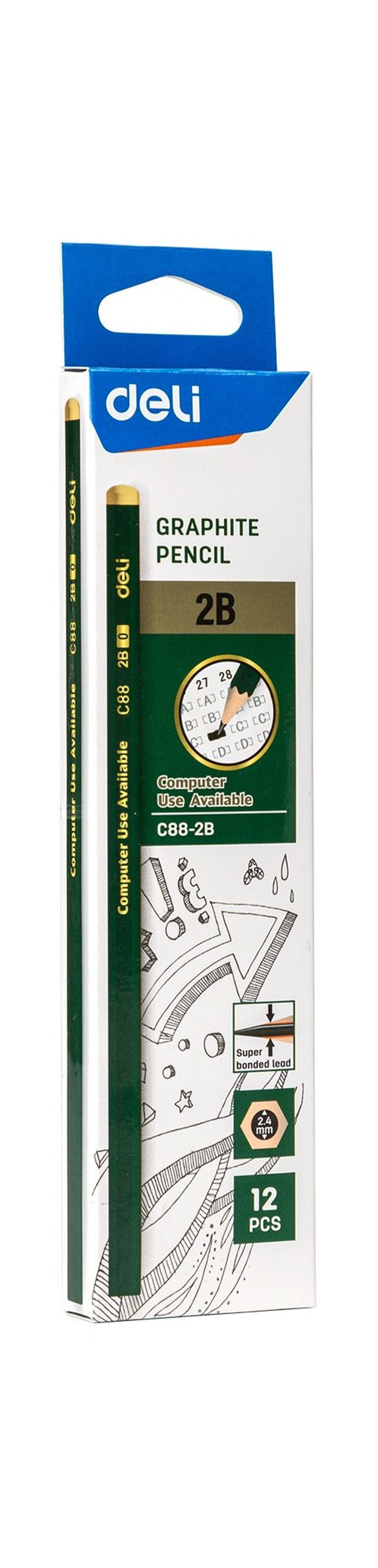 Карандаш чернографитный Deli 2B шестигранный липа 12шт. EC88-2B