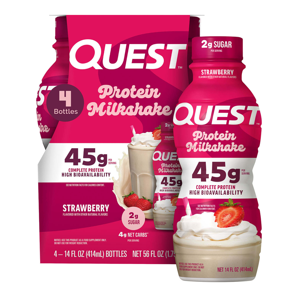Quest Nutrition, Протеиновый молочный коктейль, клубника, 4 флакона по 414 мл (14 жидк. Унций)