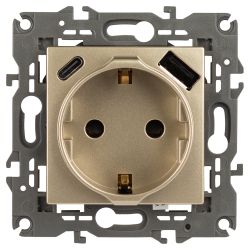 Розетка ЭРА Elegance 14-4108-04 2P+E 16A-250В со шторками с USB type-A+C 5В-3А шампань | Эра Elegance