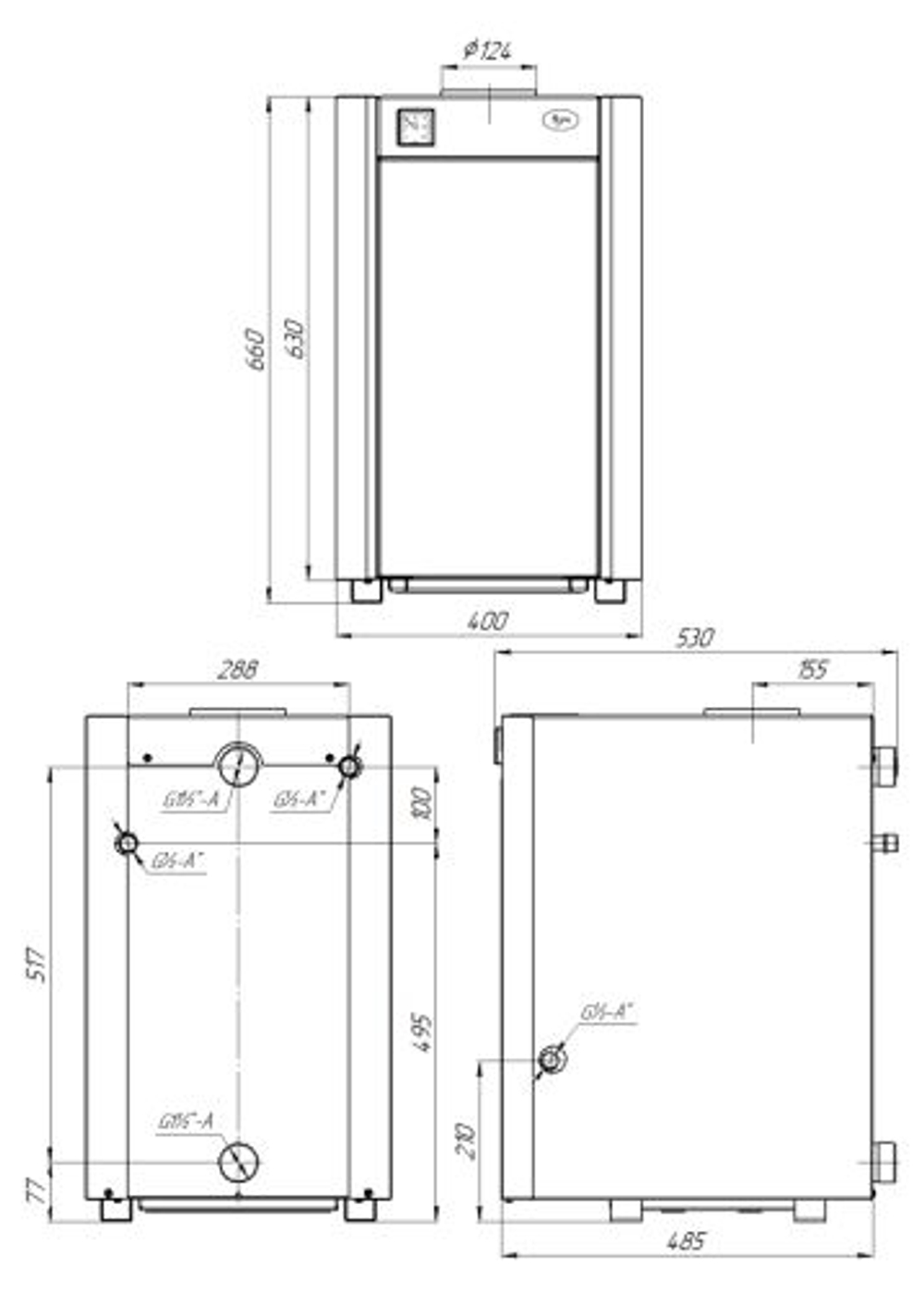 Котел напольный газовый ЛУЧ КСГВ-20 (d124) открытая камера сгорания 200 м2 (отопление + ГВС)