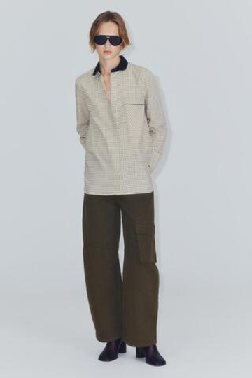 ZARA РУБАШКА В КЛЕТКУ С КОНТРАСТНЫМ ВОРОТНИКОМ ZW COLLECTION, ЭКРЮ