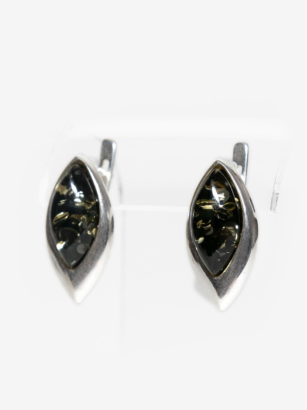 Серьги из серебра 925 с натуральным янтарем зеленого цвета
