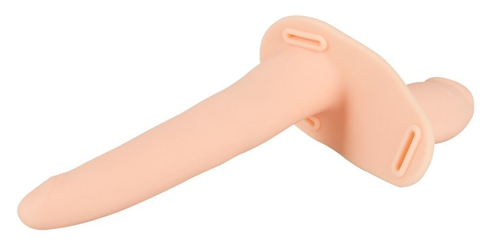 Телесный двойной вибрострапон с вибрацией Vibrating Double Strap-On - 15 см.