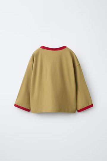ZARA ФУТБОЛКА С КОНТРАСТНОЙ ОКАНТОВКОЙ, КРЕМОВЫЙ