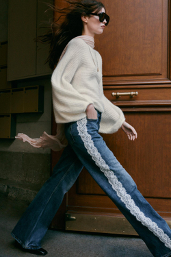 ZARA ДЖИНСЫ Z1975 BOOTCUT С ВЫСОКОЙ ПОСАДКОЙ И КРУЖЕВОМ, СИНИЙ