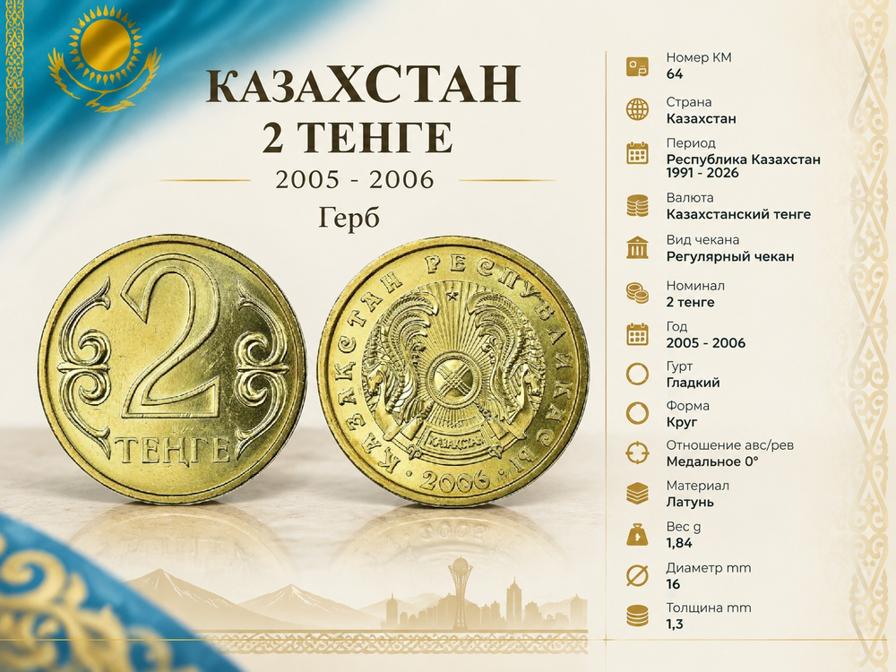 Казахстан 2 тенге, 2006 Герб XF