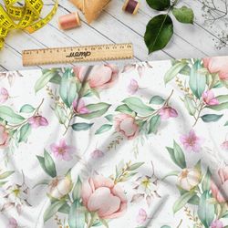 Ткань лен розовые бутоны