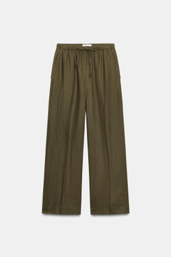 ZARA БРЮКИ ПРЯМОГО КРОЯ ИЗ СМЕСОВОГО ЛЬНА, ХАКИ