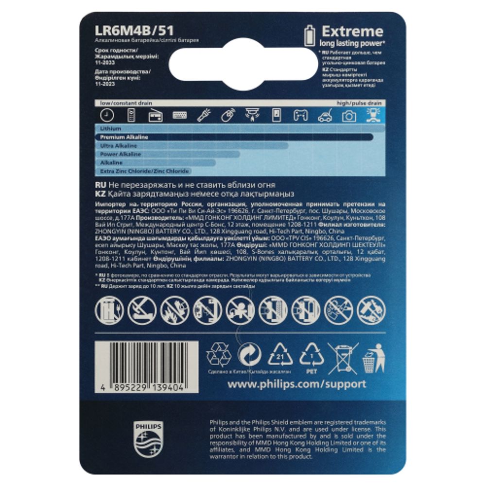 Батарейки Philips LR6M4B/51 АА алкалиновые 1,5v 4 шт. LR6-4BL Premium (4/48/144/17280) | Батарейки Щелочные (Алкалиновые)