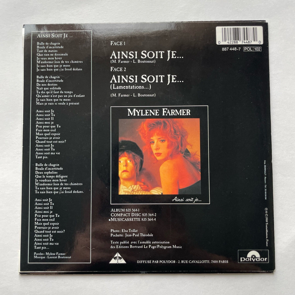 Винтажная виниловая пластинка LP Mylene Farmer Ainsi Soit Je (Франция 1988) 7 дюймов маленькая пластинка