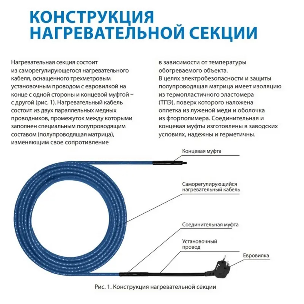 Греющий кабель саморег. для обогрева труб Freezstop Inside (10Вт/м, 5м,монтаж вн.трубы,сальник.узел)