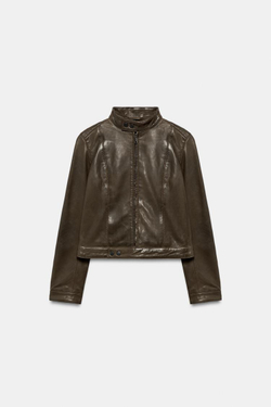 ZARA КУРТКА ИЗ 100% КОЖИ НА МОЛНИИ, ЗЕЛЕНЫЙ/СЕРЫЙ