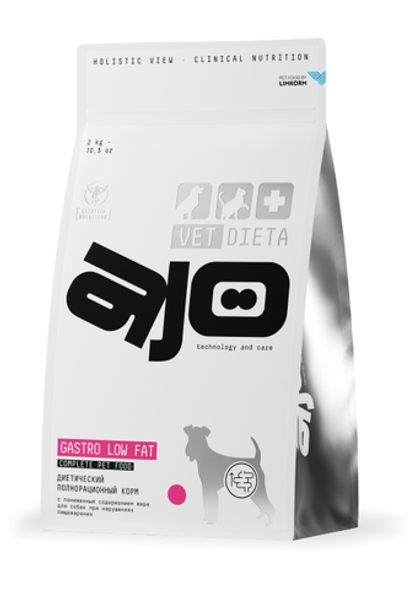 AJO VET DIETA Gastro Low Fat Сухой диетический корм для собак с пониженным содержанием жира при нарушениях пищеварения, 800 г