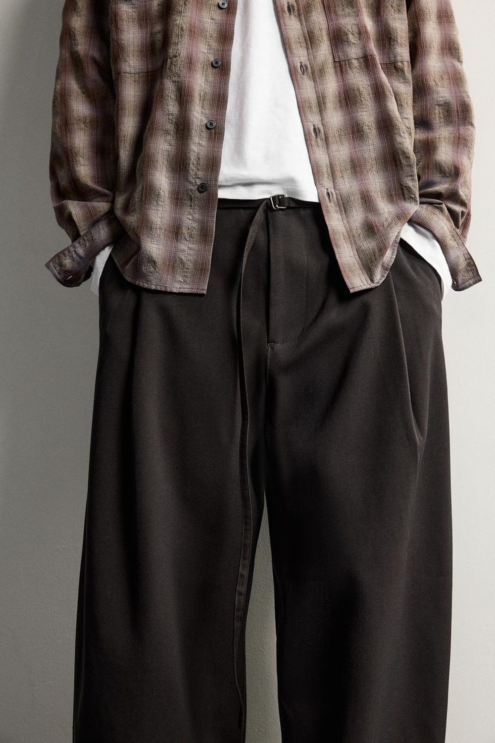 ZARA БРЮКИ BALLOON FIT С РЕМНЕМ И ЗАЩИПАМИ, КОРИЧНЕВЫЙ