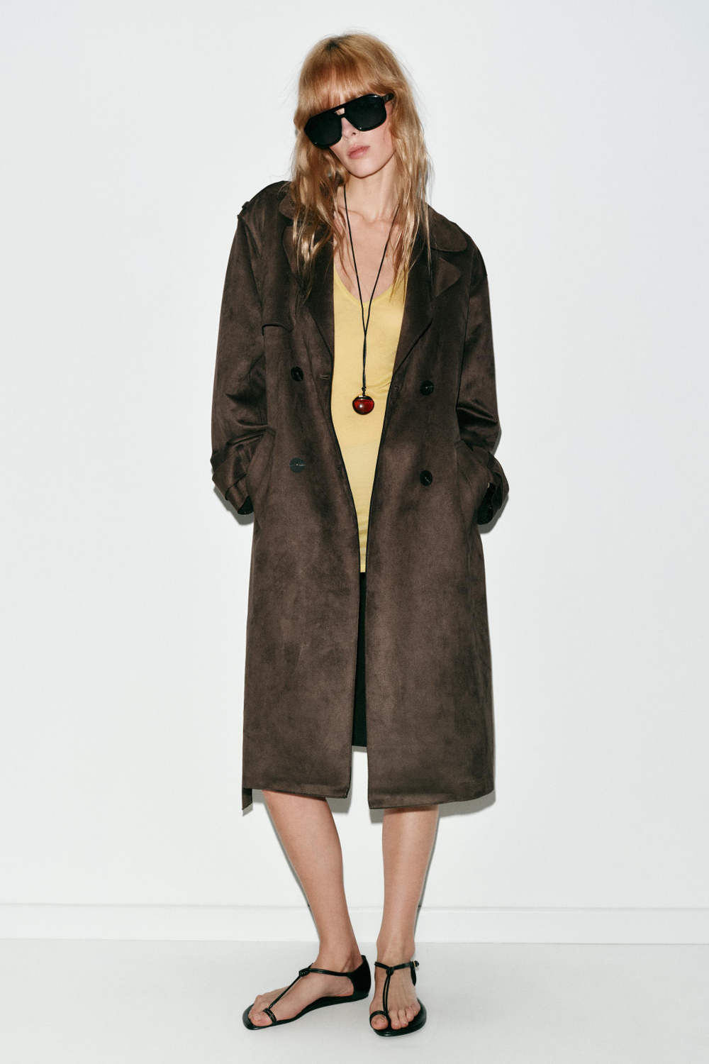 ZARA ДЛИННЫЙ ТРЕНЧ ИЗ ИСКУССТВЕННОЙ ЗАМШИ С ПОЯСОМ, СВЕТЛЫЙ ХАКИ