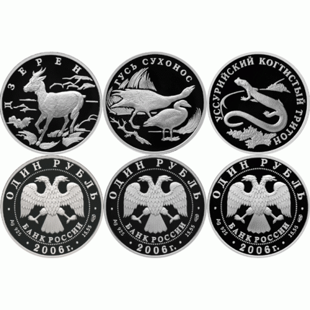 Набор 1 рубль Красная книга (Дзерен, Гусь, Тритон) 2006 год. Proof