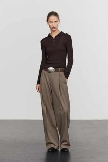 Massimo Dutti Футболка из смесового хлопка с воротником на молнии, кротово-коричневый