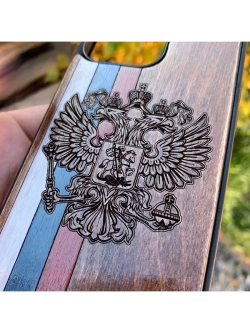Чехол для iPhone 15 pro Россия Флаг Герб из дерева