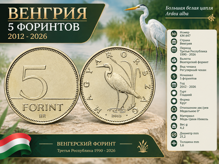Венгрия 5 форинтов, 2013 Большая белая цапля XF