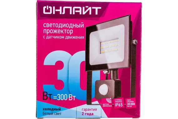 Прожектор светодиодный Онлайт 30W OFL-02 4000К 2400Лм IP65 с датчиком движения черный 36193