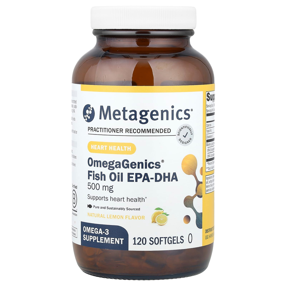 Metagenics, OmegaGenics®, рыбий жир с ЭПК и ДГК, натуральный лимон, 500 мг, 120 мягких таблеток