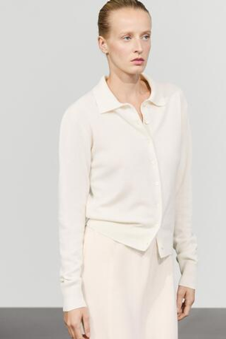 Massimo Dutti Кардиган из 100% кашемира с воротником поло, натуральный/кремовый
