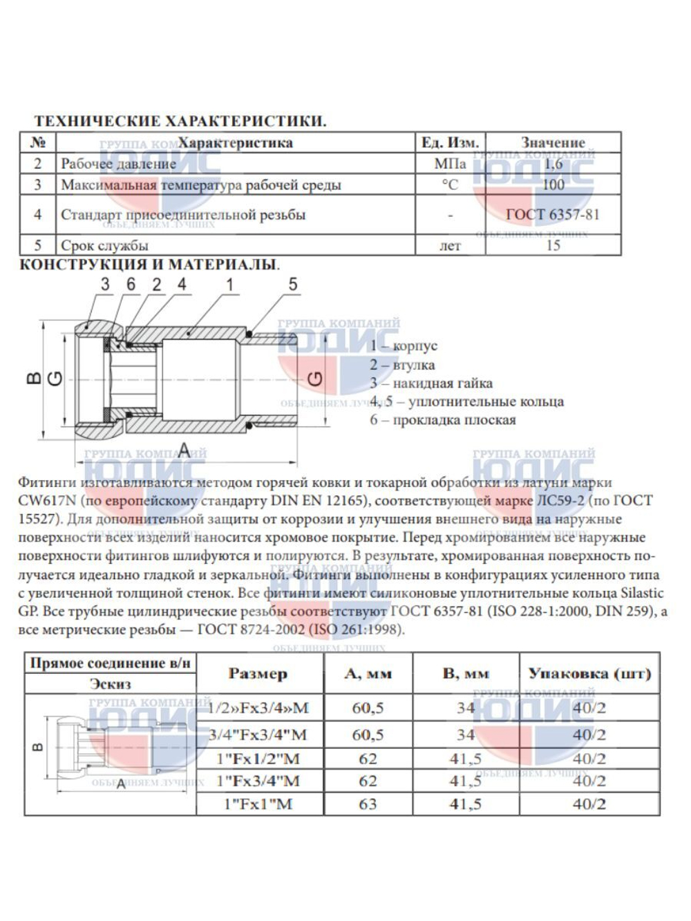 Соединение ПС прямое  1"г. х 1/2 ш. VER  (40/1пар)