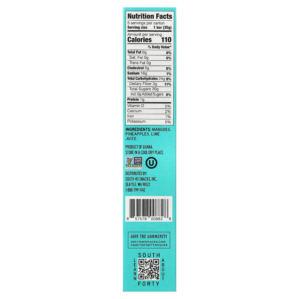 South Forty Snack Company, фруктовые батончики, манго, ананас и лайм, 5 батончиков по 35 г (1,2 унции)