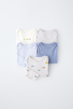 ZARA НАБОР ИЗ 5 БОДИ С ПРИНТОМ МАШИНОК, СИНИЙ