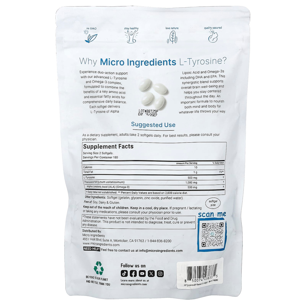 Micro Ingredients, L-тирозин, 360 капсул