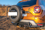 Бампер задний силовой/защита штатного бампера Renault Duster 2015-2020 c квадратом под фаркоп, калиткой, подсветкой номера РИФ