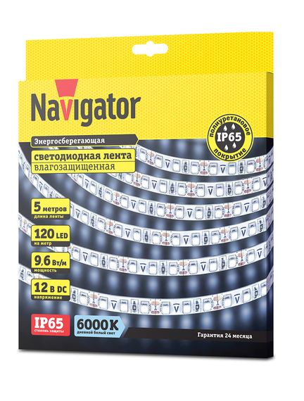 Лента светодиодная Navigator 12V 9,6Вт 6000К IP65 бухта 5м белая 28848