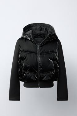 ZARA КОМБИНИРОВАННАЯ СТЕГАНАЯ КУРТКА С КАПЮШОНОМ, ЧЕРНЫЙ