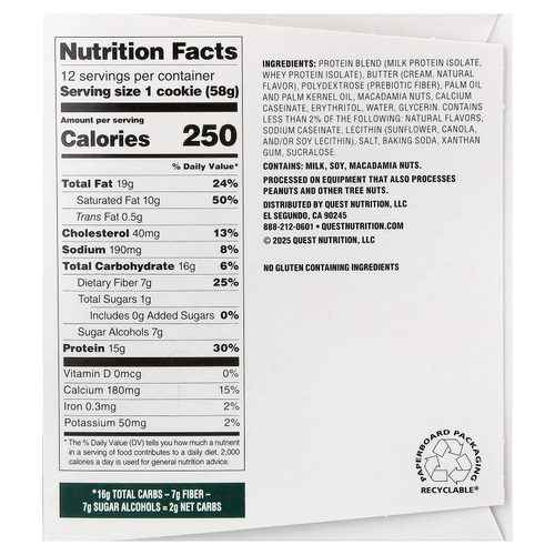 Quest Nutrition, Protein Cookie, белый шоколад и макадамия, 12 печений, 58 г (2,04 унции)