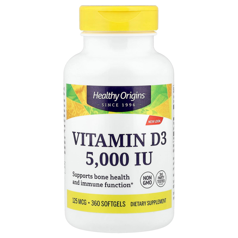 Healthy Origins, витамин D3, 125 мкг (5000 МЕ), 360 капсул