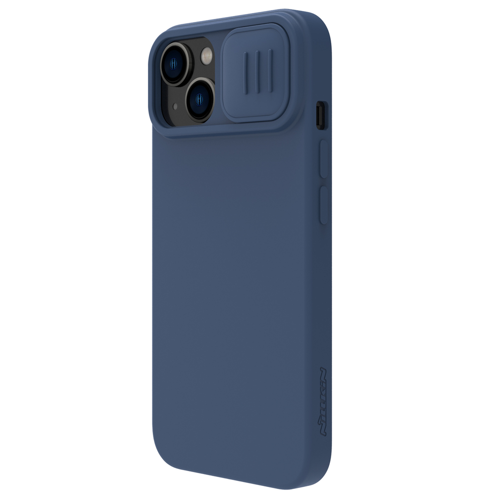 Чехол с шелковистым покрытием синего цвета (Midnight Blue) от Nillkin c поддержкой MagSafe для iPhone 14 и 13, серия CamShield Silky Magnetic Silicone Case