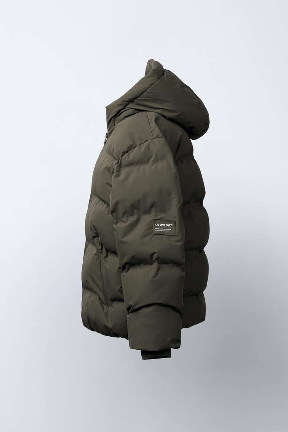 ZARA СТЕГАНЫЙ ПУХОВИК С НАШИВКОЙ WATER REPELLENT, СЕРОВАТО-КОРИЧНЕВЫЙ