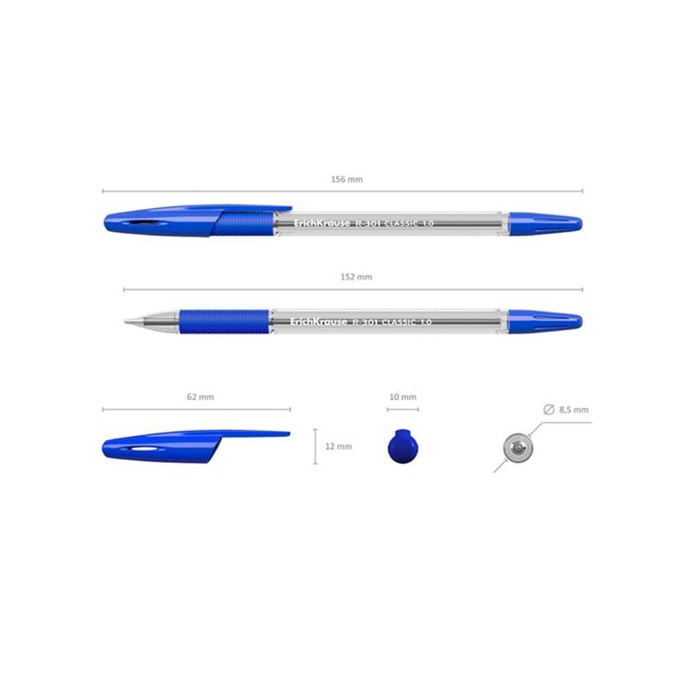 Ручка шариковая с грипом ERICH KRAUSE "R-301 Grip", СИНЯЯ, корпус прозрачный, узел 1 мм, линия письма 0,5 мм