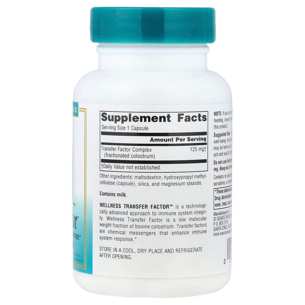Source Naturals, Wellness Transfer Factor™, поддержка реакции иммунитета, 125 мг, 60 растительных капсул