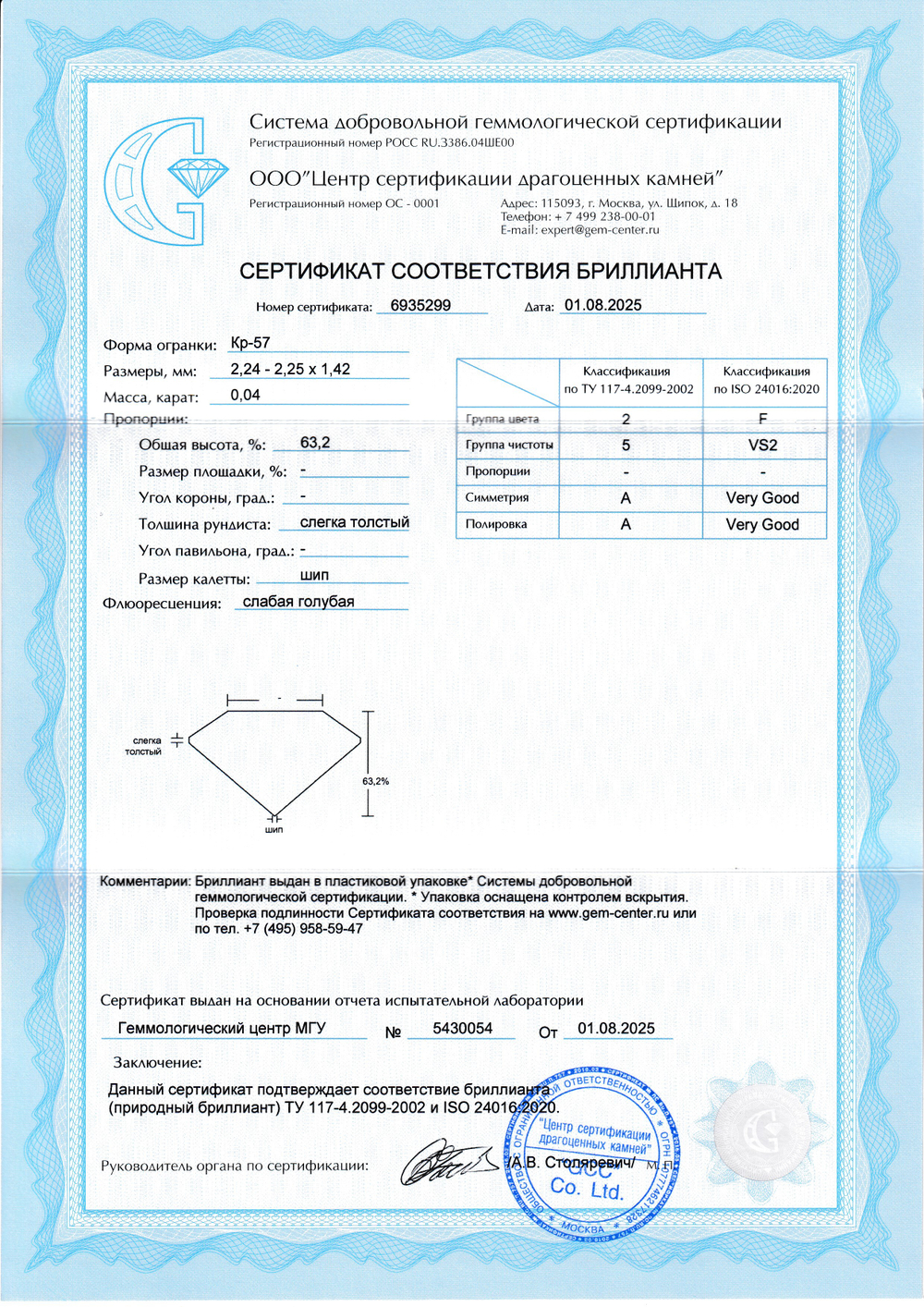 Бриллиант Кр-57 2.24 х 2.25 х 1.42 мм 2/5 0.04 ct